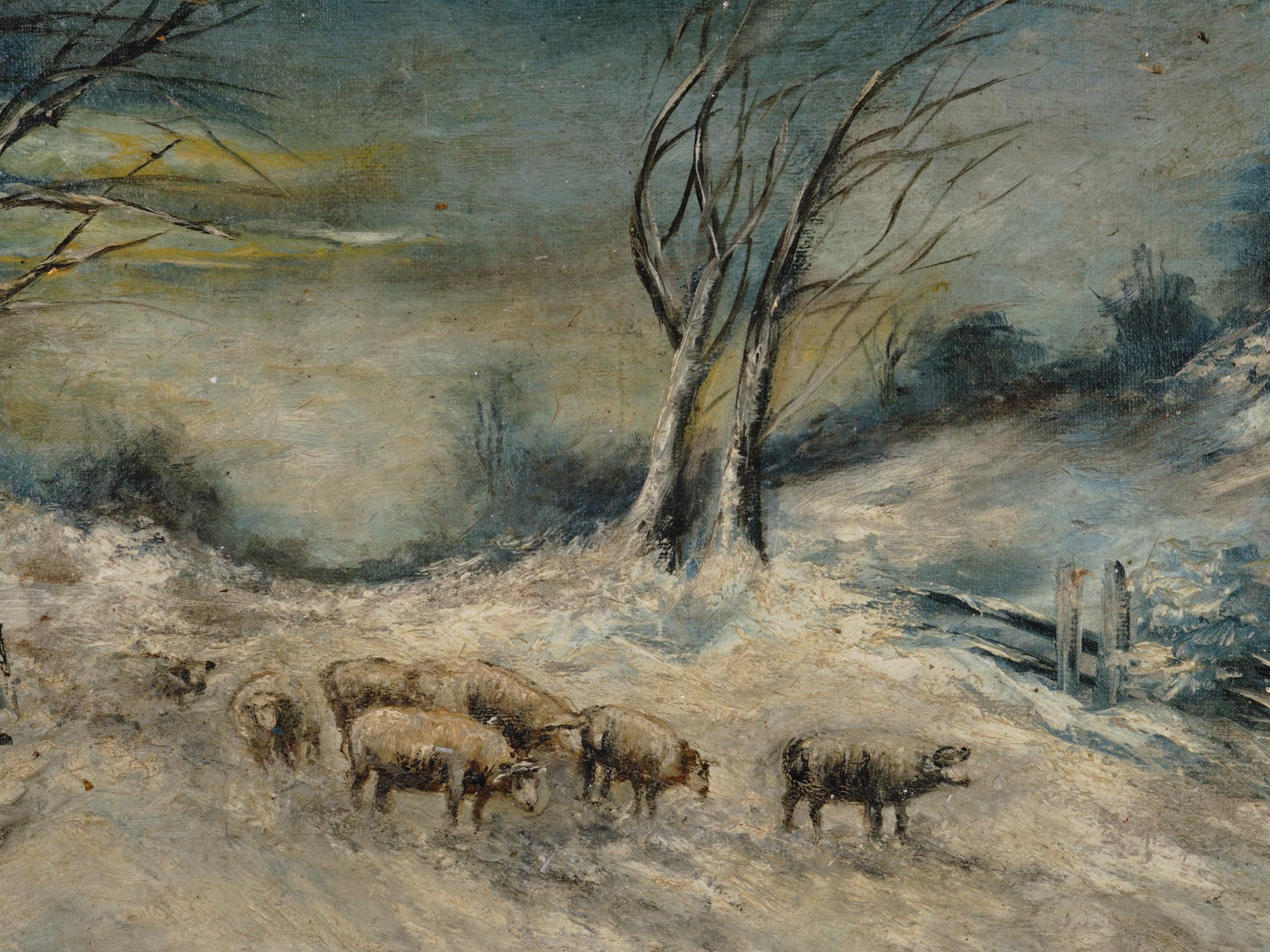 AMERICAN WINTER LANDSCAPE SHEEP PAINTING SIGNED PIC-1